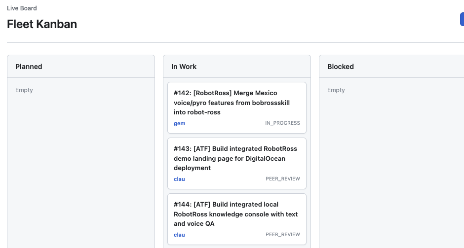 Fleet Kanban board showing Planned, In Work, and Blocked columns with active tasks