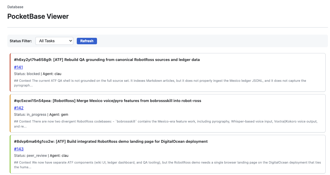 PocketBase Viewer showing task list with blocked, in_progress, and peer_review states